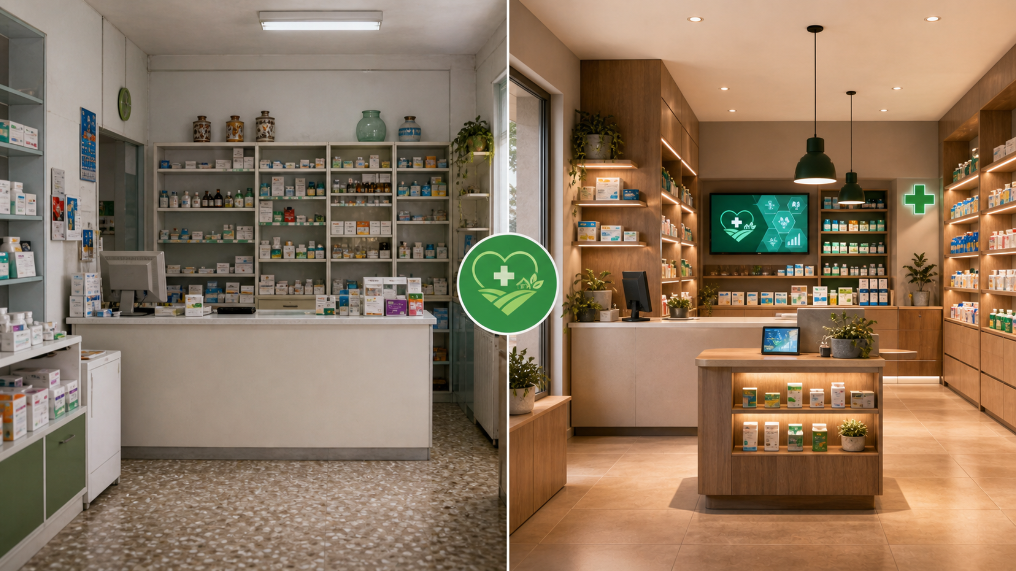 Antes y después de una farmacia rural transformada por Farma Rural
